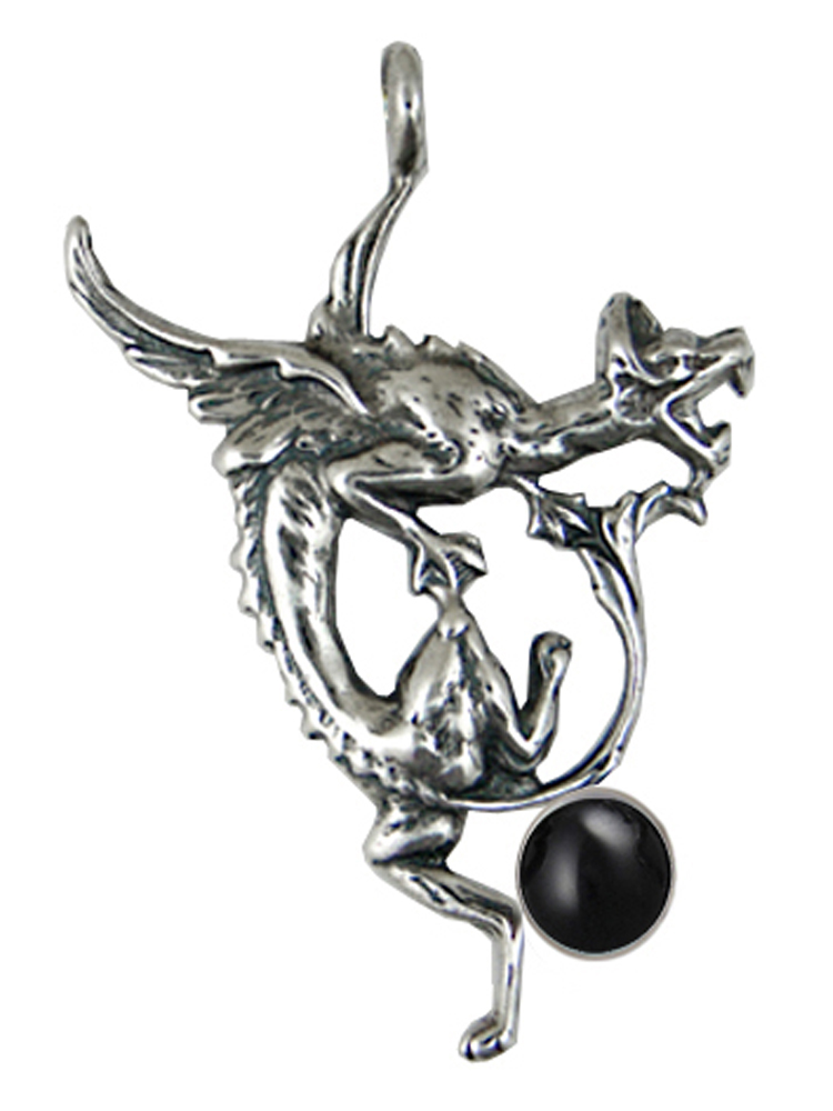 Sterling Silver Screaming Dragon Pendant With Black Onyx